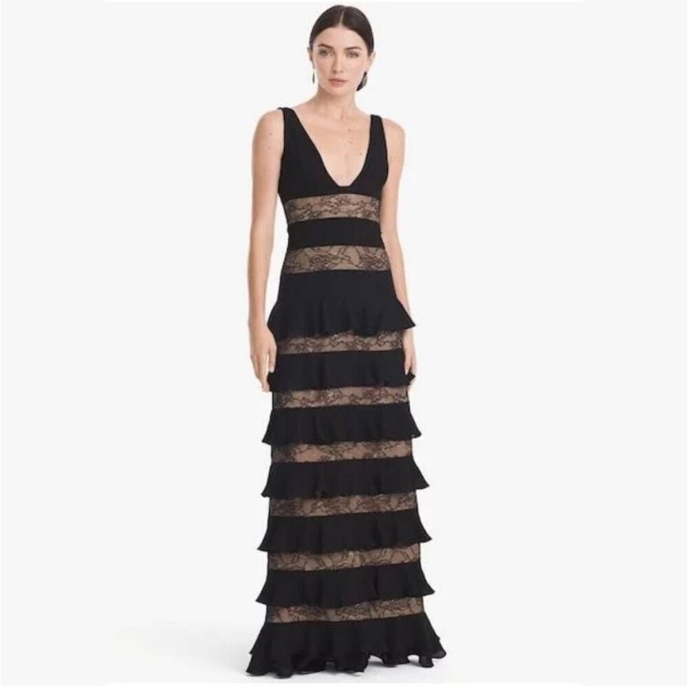 ML Monique Lhuillier Black Lace Panel Tiered sleeveless Formal Gown Dress 10